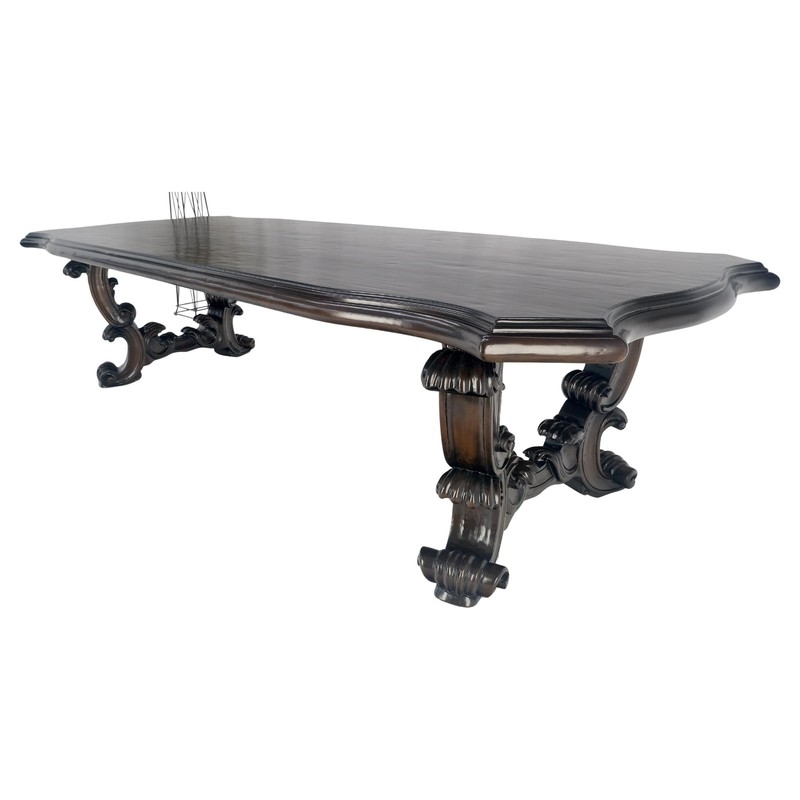 Large 10' Long Heavily Carved Base Scroll Shape Thick Top Dining Table MINT gallery