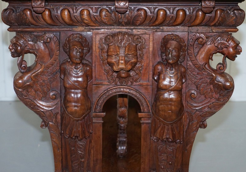 RARE 18TH CENTURY FRENCH WALNUT RENAISSANCE EXTENDING HIGH TABLE HEAVILY CARVED gallery