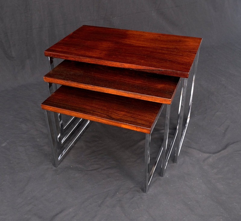 Rosewood Tops Chrome Base Mid Century Modern Set of 3 Nesting Side End Tables gallery