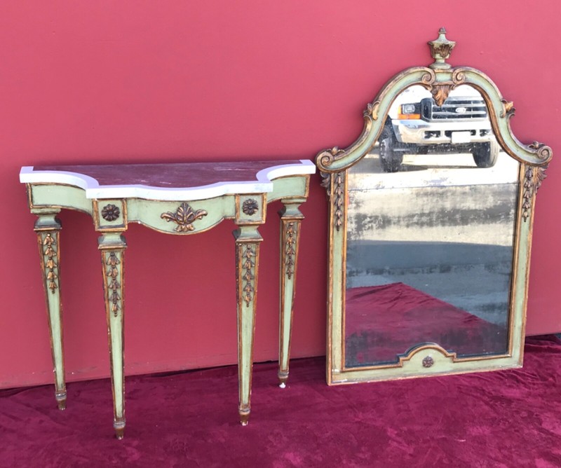 Antique Parcel Gilt Green Painted Console Entry Table + Mirror marble 18th Cent