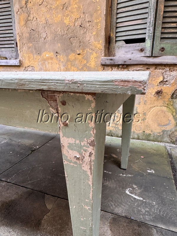 ANTIQUE CHARMING FARM TABLE LIGHT GREEN . SOLID PINE , ONE DRAWER . 7FT LONG gallery