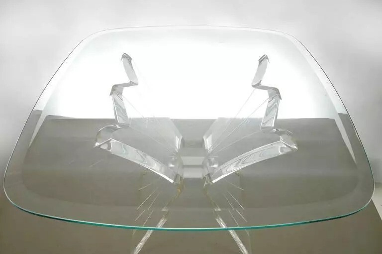 Mid Century Modern Lucite Butterfly Glass Top Side Table after Lion in Frost gallery