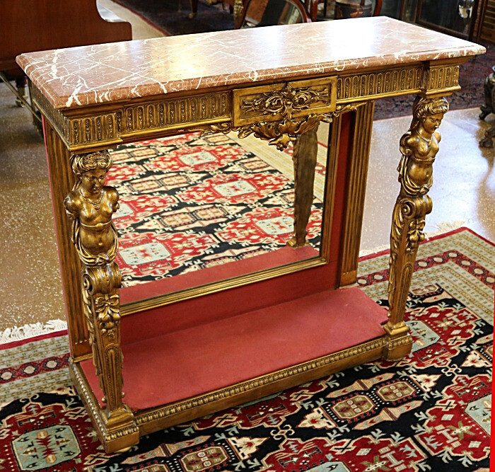 Stunning 19th Century French Figural Gold Marble Top Mirror Back Console Table gallery