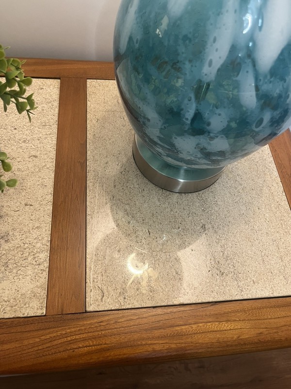 Lane Perception entrytable/sofa table MCM-walnut and travertine. Rare piece gallery