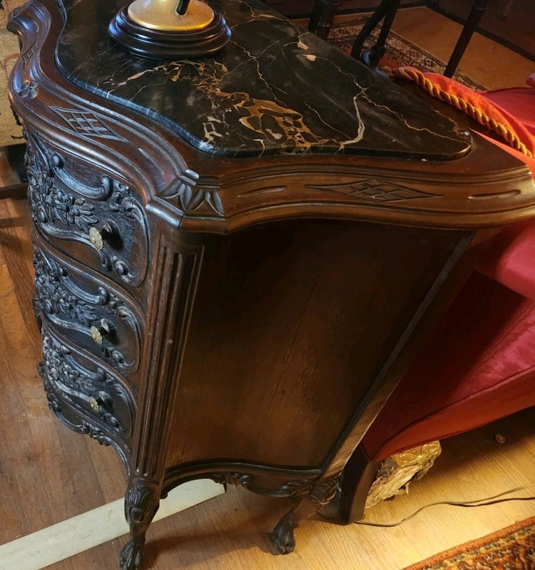 Antique Marble Top Heavily Carved Server With 2 Drawers