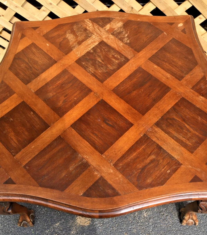 Antique Square Carved BALL & EABLE CLAW Coffee Table Wood Parquet VintageNEWTRO gallery