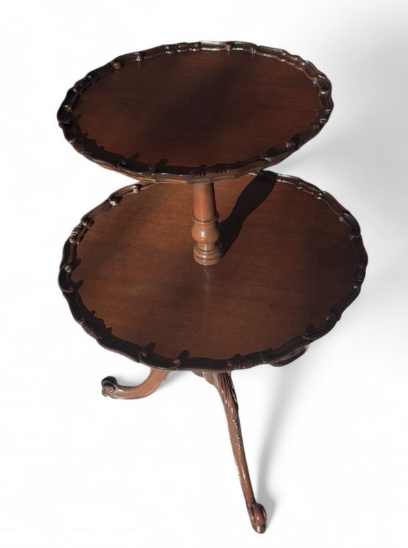 Vintage Chippendale Style Mahogany 2-Tier Pie Crust Side Table Carved Foot gallery