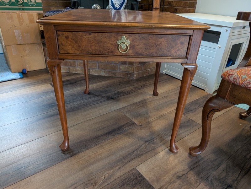 Queen Anne Antique Wood Side Table with Drawer and Brass Handle