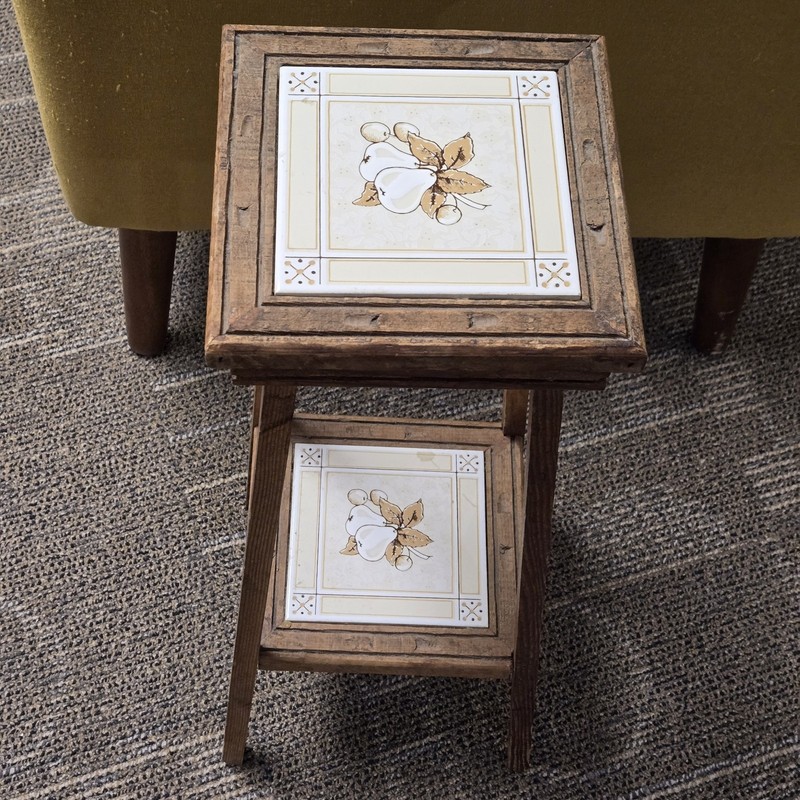 Vintage Plant Stand Side Table Ceramic Tiles French Fig & Pear, Hand Carved Wood gallery
