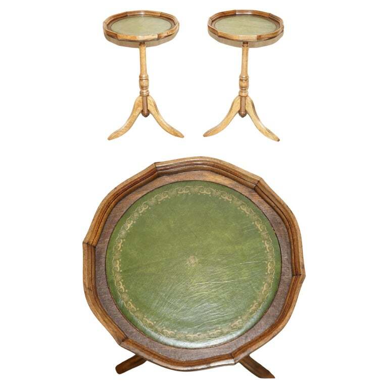 PAIR OF BEVAN FUNNELL ENGLAND GREEN LEATHER VINTAGE TRIPOD LAMP SIDE END TABLES