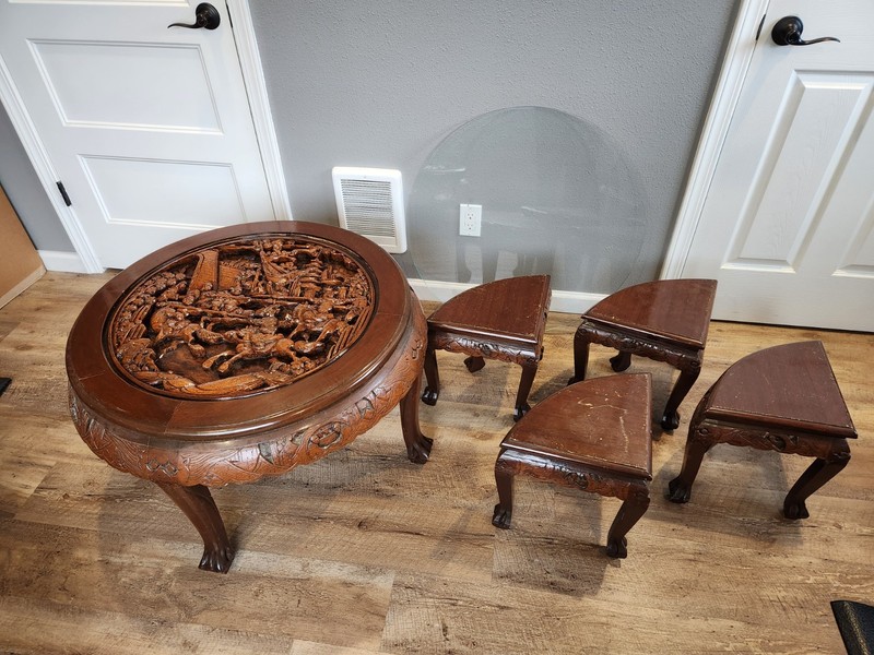 Antique Oriental Coffee Table With Glass Top and 4 Stools gallery