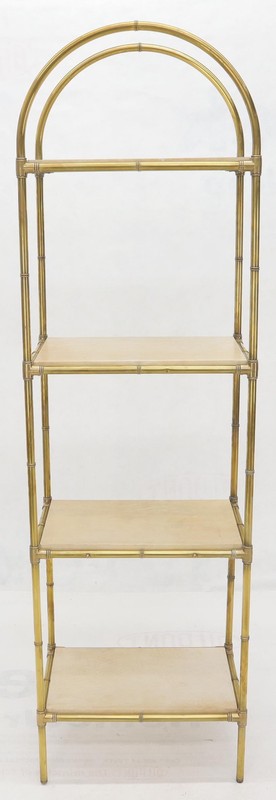 Pair Solid Brass Faux Bamboo Arch Shape Top Goat Skin Parchment Shelves Etageres gallery