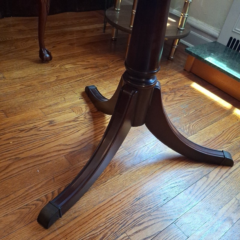 Antique Round Brown Wood & Leather Side Table, 2 Drawers, Single Pedestal, 32x28 gallery