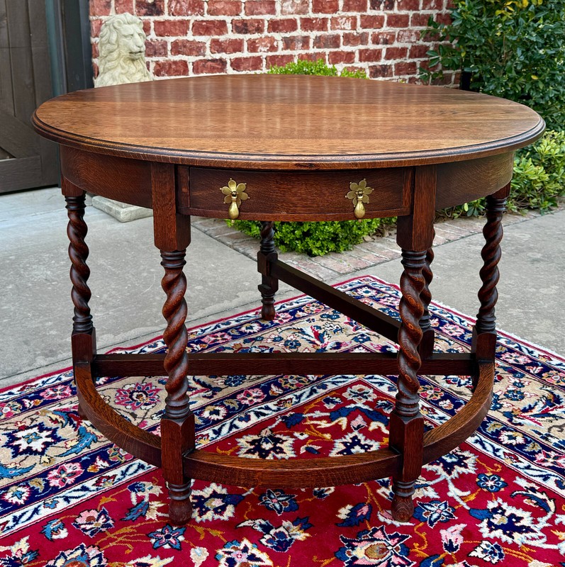 Antique English Demilune Table Drop Leaf Barley Twist w Drawer Oak ROUND 1920-30 gallery