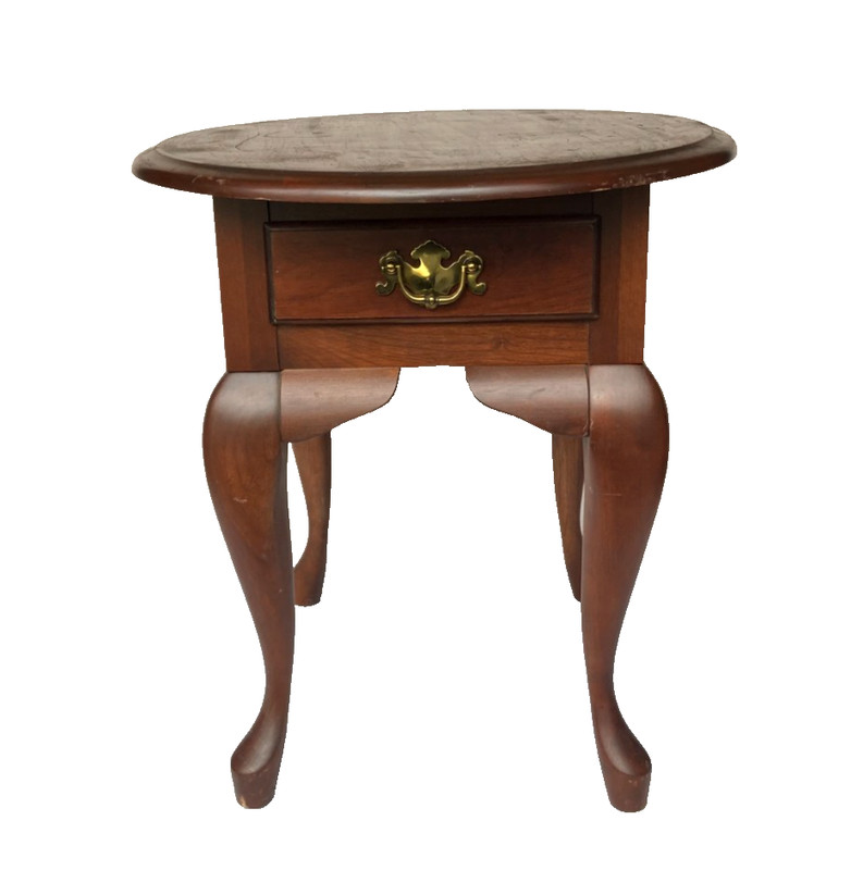 Vintage Queen Anne Style Cherry Wood Oval End Table with Drawer