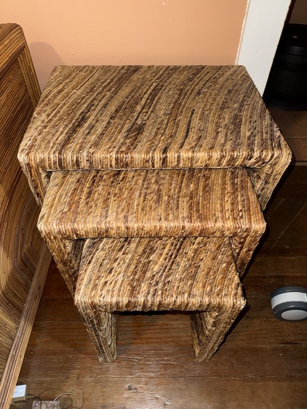 3 Vintage Woven Wicker Rattan Nesting Tables Mid Century Hollywood Regency Boho gallery