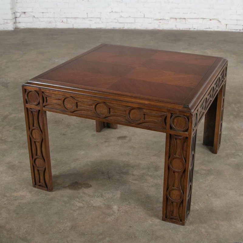 Vintage Modern Square Lane End or Side Table Carved Leg Design & Chevron Veneer
