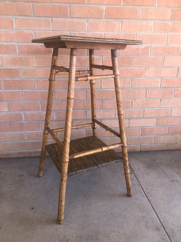 Antique Rattan Bamboo Accent Table Plant Stand Rare Asian Burn Art Pyrography