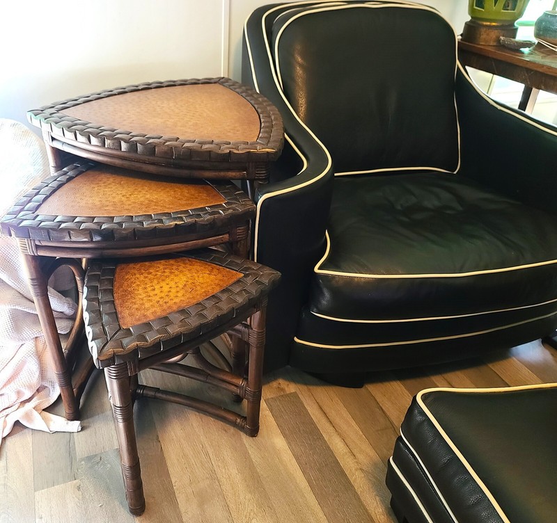 (3) Vintage Bamboo Rattan Coconut Shell Ostrich Nesting Tables gallery