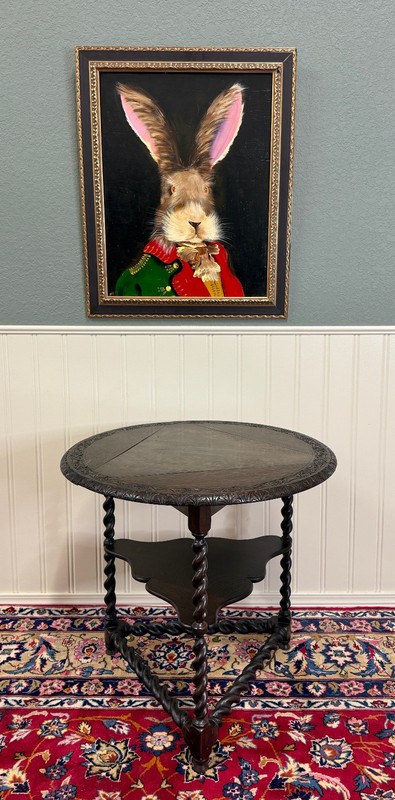 Antique English Envelope Barley Twist Drop Leaf Side Table Carved Oak c. 1900 gallery