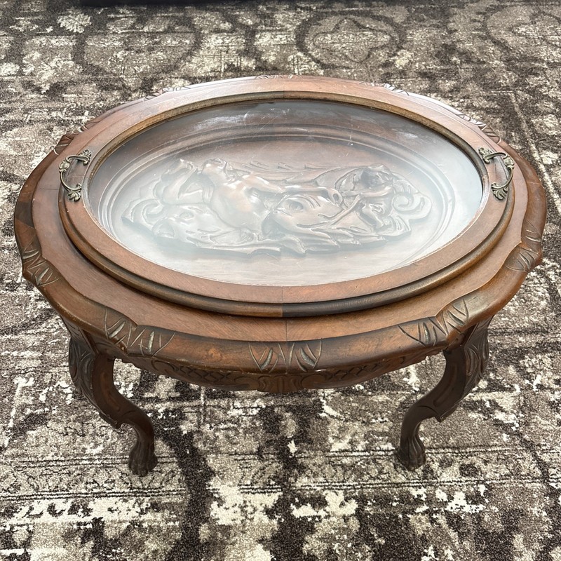 Antique Coffee Table CARVED Cherubs with Removable Glass Tray. Walnut. #722
