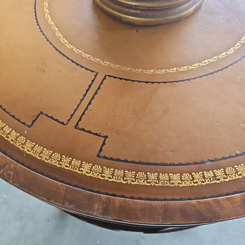 Antique-style Duncan Phyfe drum table W/ a circular leather-inlaid top gallery