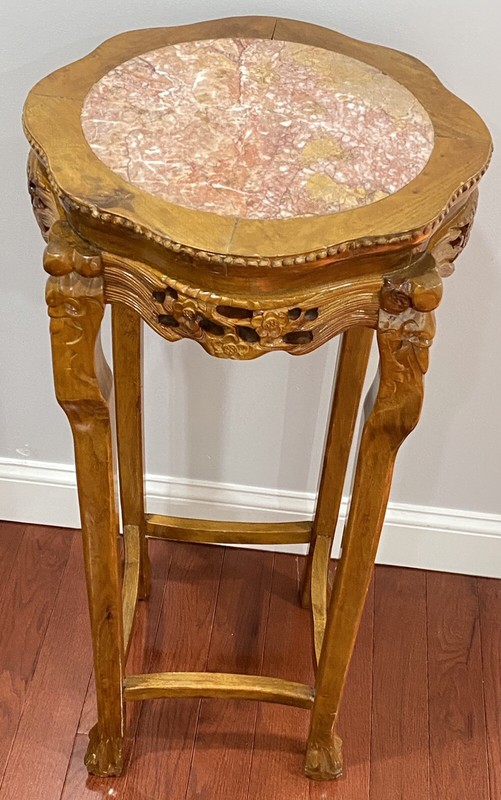 VINTAGE Large Chinese Finely Carved Wood& Marble, Round Pedestal Stand Table 36" gallery