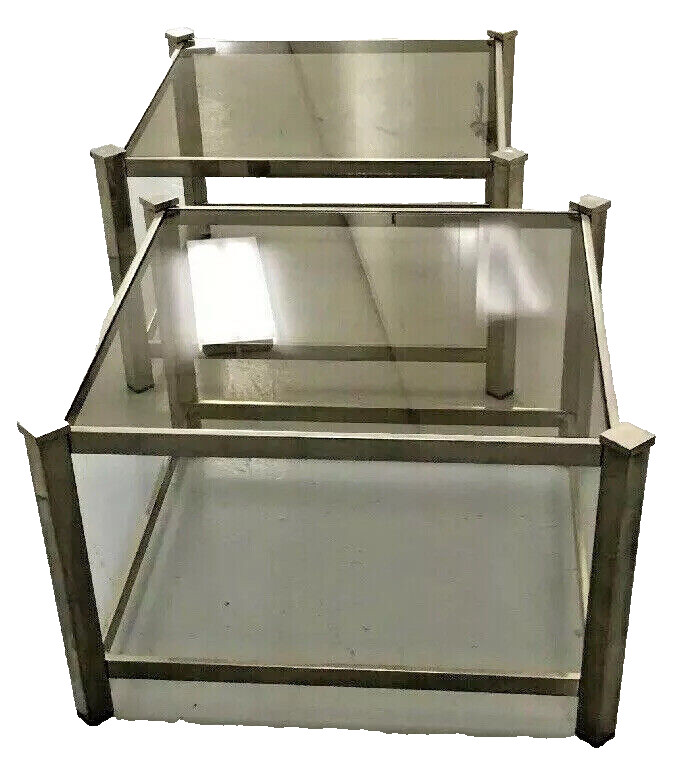 MID CENTURY MODERN HOLLYWOOD REGENCY LOW TABLES STAINLESS & GLASS PAIR gallery