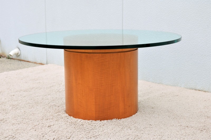 Mid-Century Modern Style 39 in Round Clear Glass Top Drum Wood Base Coffee Table gallery