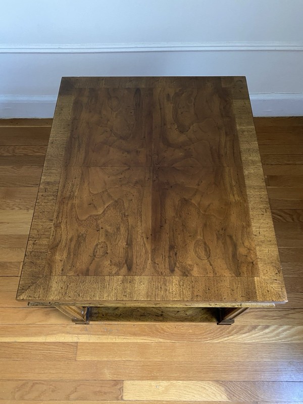 Heritage 2-Tier Burl Fruitwood & Cane Side Table with Pull-Out Tray - 1970s gallery