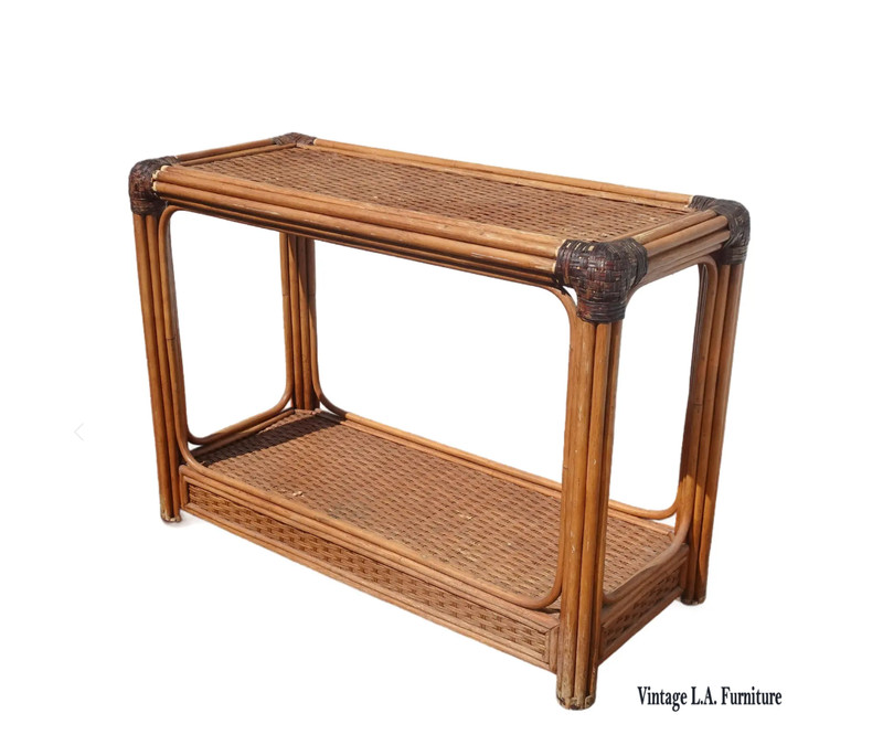 Vintage Rustic Console Sofa Table Tiki Palm Beach Style w Bamboo Rattan Leather