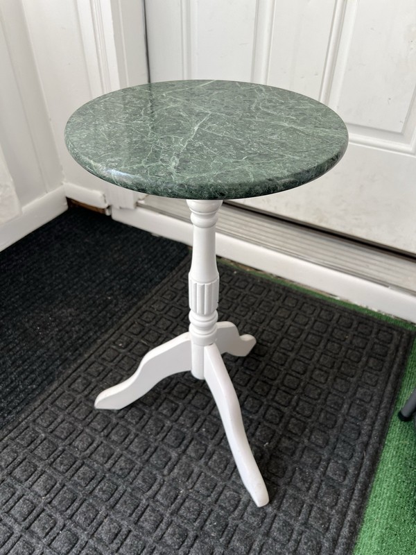 Vintage Bombay Company ? 12” Green Marble Top White Base Small Pedestal Table