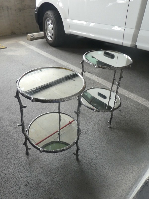 VINTAGE PAIR OF TWO TIER ROUND ALUMINUM TREE BRANCH TABLES gallery