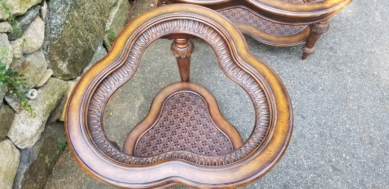 4-leaf clover shaped coffee table glass top, carved wood accented, gallery
