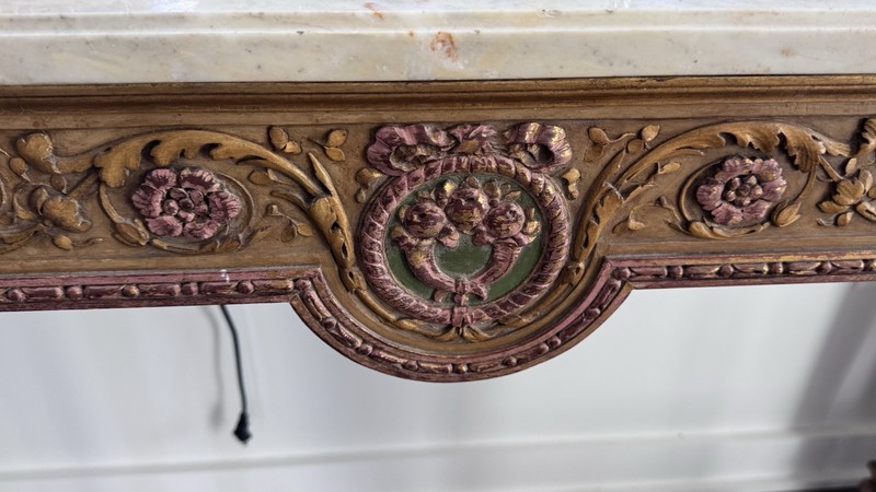 Antique Louis XVI Style Console Table, marble top over an ornate giltwood frame gallery