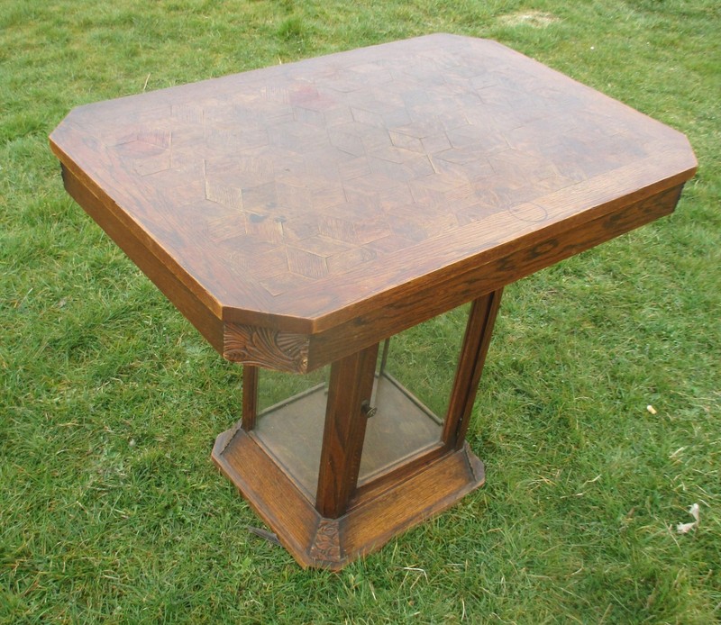 Antique Table Display cabinet In One Inlay Carved oak Beveled glass HTF WOW