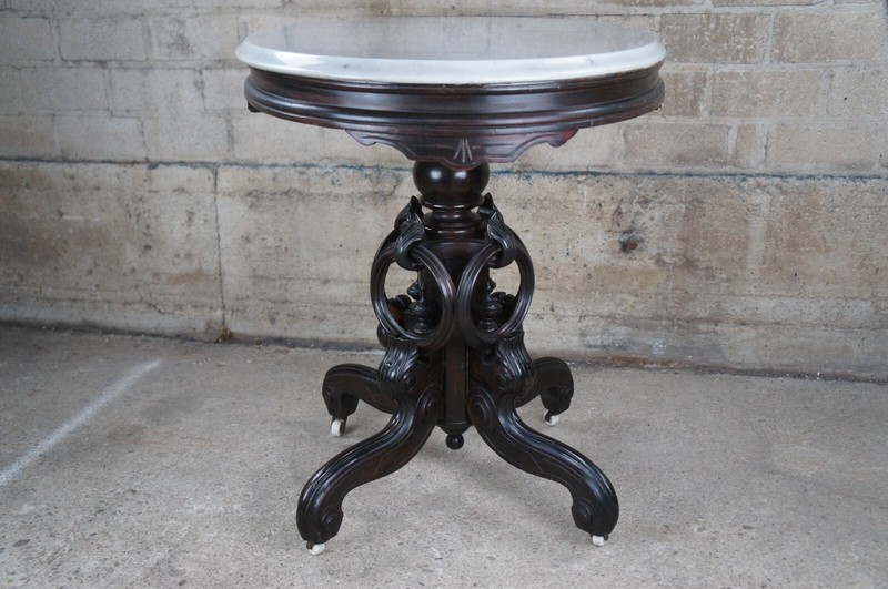 Antique Victorian Carved Rosewood Oval Marble Parlor Center Accent Table 32" gallery