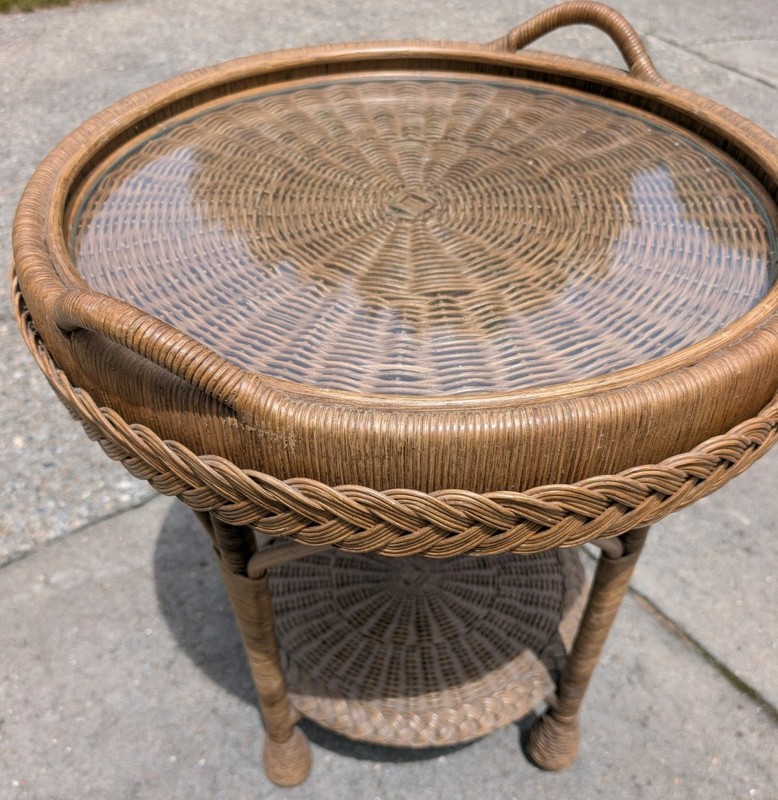 Vintage Bent Bamboo Wood Wooden Rattan Serving Tray End Butler Glass Top Table gallery