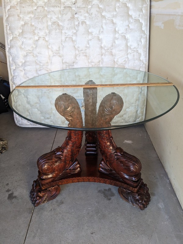 Vintage Japanese Hand Carved Rosewood Koi Fish Glass Top Dining Table AMAZING