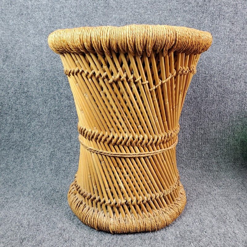 Vtg Table Ottoman Stool Pouffe Cane Rattan Wicker Woven Boho MCM Umbrella Stand gallery