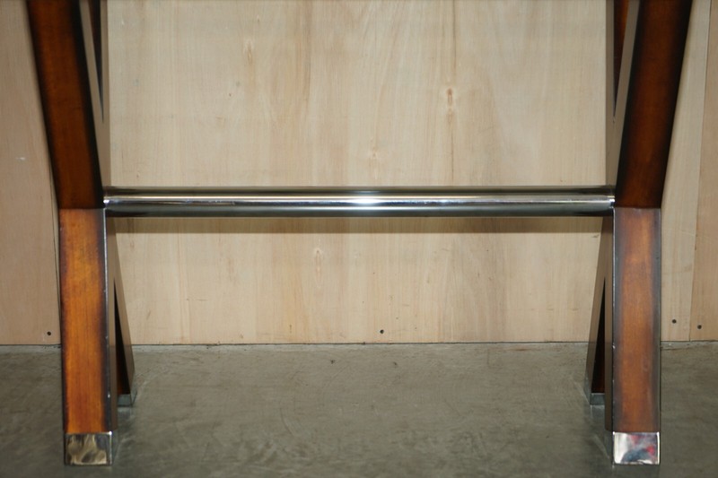 CONTEMPORARY DESIGNER CHROME TIPPED BEECH & GLASS X FRAMED CONSOLE TABLE gallery