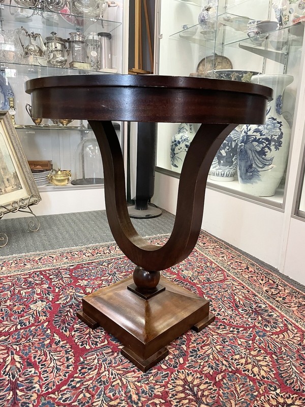 Vintage Empire Revival Bookmatched Veneer Harp Base Center Table gallery