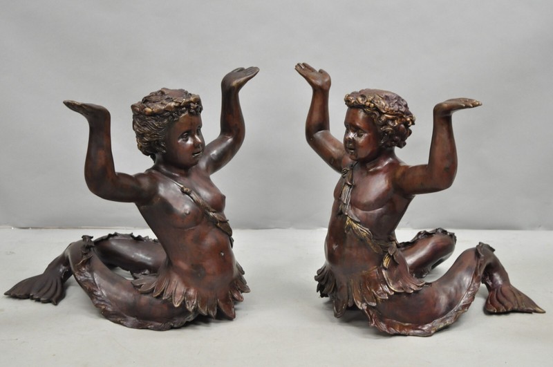 Vintage French Neoclassical Figural Bronze Merman Mermaid Glass Top Coffee Table gallery