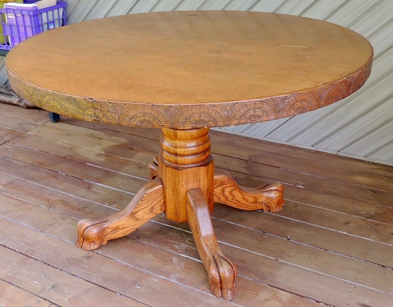 Oak Table 48″ Solid Top circa 1900 plus 6 Cherry Wood Chairs Mission Style