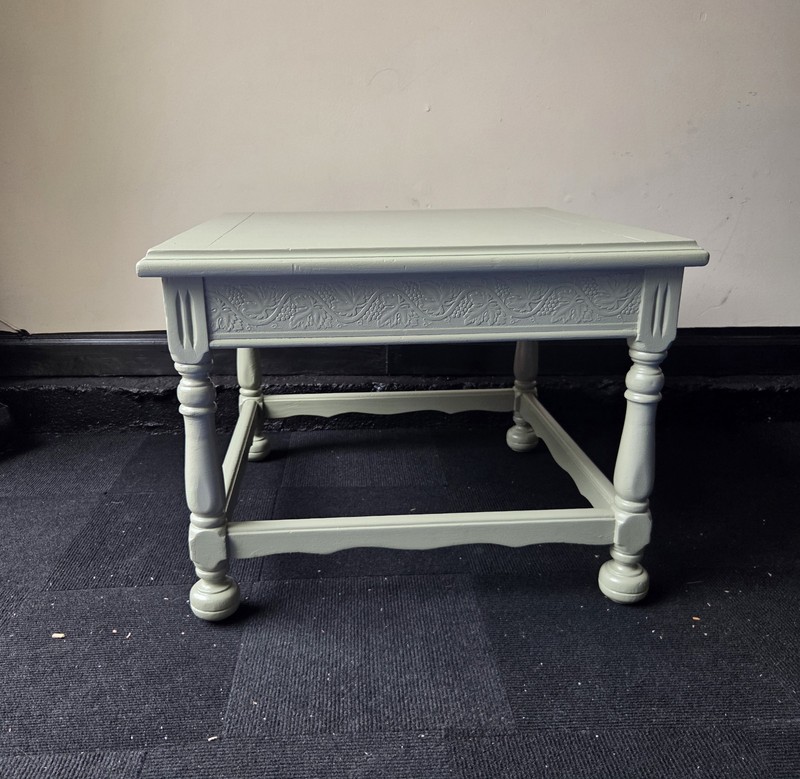 Upcycle Vintage Refurbished End Table Accent Soft Green Gargoyle Hand Paint Wood gallery