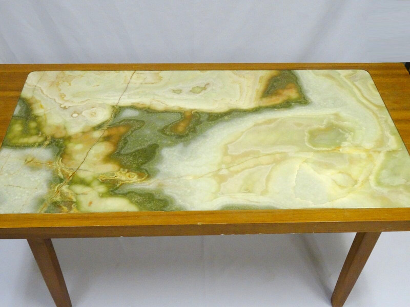 STRIKING MID CENTURY MODERN COFFEE TABLE with ONYX MARBLE INSET TOP gallery