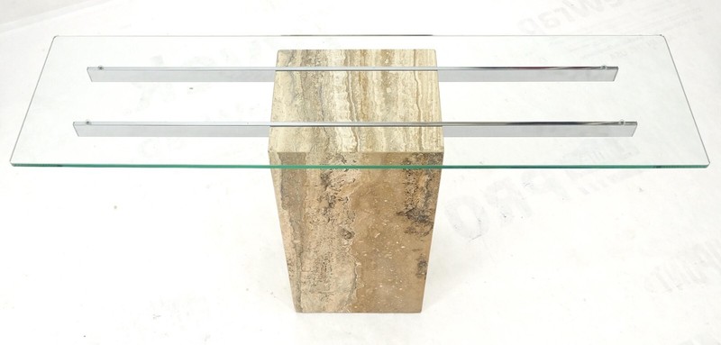 Single Travertine Pedestal Glass Top Italian Modern Sofa Console Table MINT! gallery