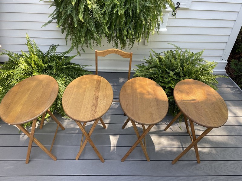VTG 4 OAK WOOD OVAL FOLDING TV TRAY TABLE RACK STAND SET USE END SIDE NIGHTSTAND