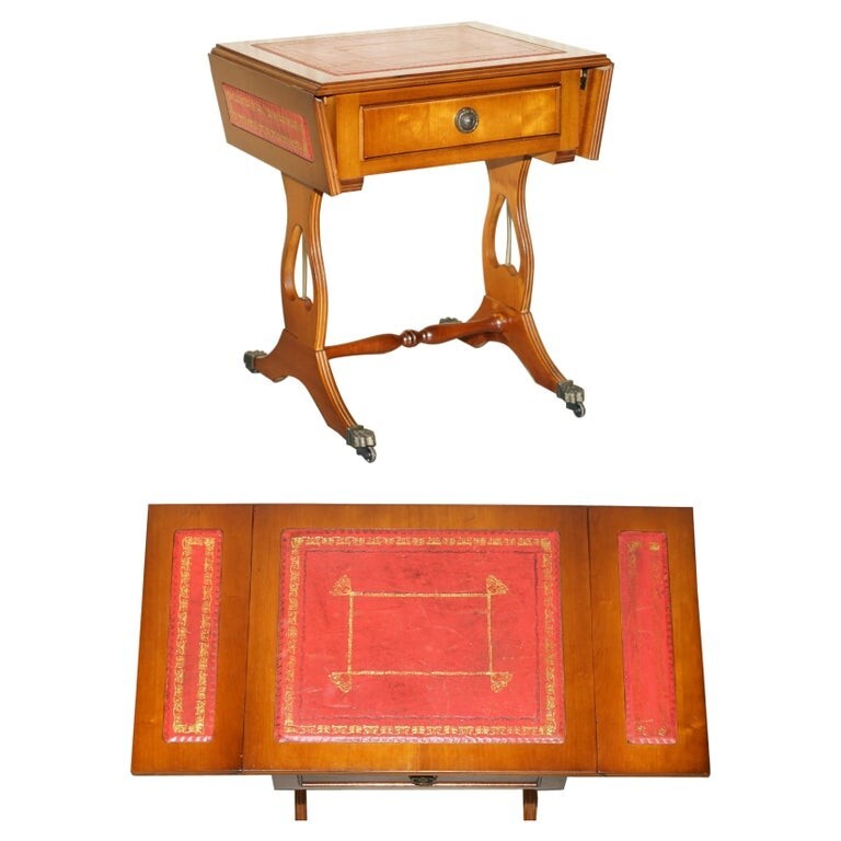 LOVELY VINTAGE OXBLOOD LEATHER EXTENDING SIDE TABLE WITH GOLD LEAF INLAY