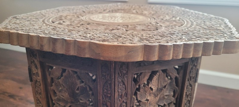 ANTIQUE intricately carved Anglo-Indian wooden side table with inlaid details gallery